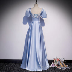 Blue Satin Beaded A-Line Long Party Dresses, Blue Prom Party Dresses Formal Dresses