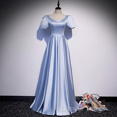 Blue Satin Beaded A-Line Long Party Dresses, Blue Prom Party Dresses Formal Dresses