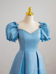 Blue Satin Beaded Floor Length Prom Dresses, Blue A-Line Short Sleeve Evening Dresses