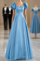 Blue Satin Beaded Floor Length Prom Dresses, Blue A-Line Short Sleeve Evening Dresses