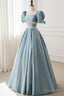 Blue Satin Beaded Long Prom Dress, Blue Short Sleeve Prom Dresses