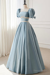 Blue Satin Beaded Long Prom Dress, Blue Short Sleeve Evening Dress