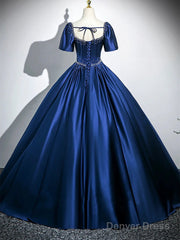 Blue Satin Beaded Short Sleeves Long Formal Dress, Blue Sweetheart Prom Dress