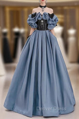 Blue Satin Black Lace Strapless Prom Dresses