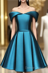 Blue Satin Cute Knee Length Short Prom Dresses Homecoming Dresses, Off Shoulder Formal Dresses