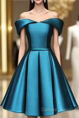 Blue Satin Cute Knee Length Short Prom Dresses Homecoming Dresses, Off Shoulder Formal Dresses