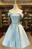 Blue Satin Cute Short Homecoming Dress, Off Shoulder Prom Dresses