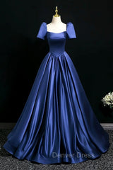 Blue Satin Floor Length Formal Dresses, Elegant Off The Shoulder Evening Party Dresses