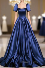 Blue Satin Floor Length Formal Dresses, Elegant Off The Shoulder Evening Party Dresses