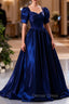 Blue Satin Floor Length Prom Dress, A Line Short Sleeve Backless Prom Dresses