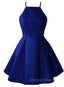 Blue Satin Halter Knee Length Bridesmaid Dress, Royal Blue Homecoming Dresses
