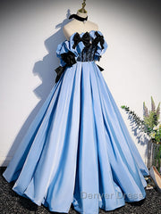 Blue satin lace long prom Dresses blue satin evening Dresses