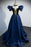Blue Satin Lace Long Prom Dresses, Blue Short Sleeve Evening Party Dresses