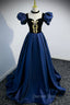 Blue Satin Lace Long Prom Dress, Blue Short Sleeve Prom Dresses