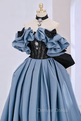 Blue Satin Lace Long Prom Dresses, Off Shoulder Evening Party Dresses