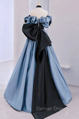 Blue Satin Lace Long Prom Dresses, Off Shoulder Evening Party Dresses