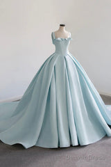 Blue Satin Long A-Line Formal Dress, Beautiful Blue Prom Evening Dress