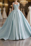 Blue Satin Long A Line Prom Dress, Blue Prom Dresses