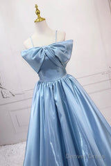 Blue Satin Long A-Line Prom Dress, Blue Spaghetti Strap Evening Party Dress