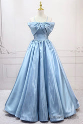 Blue Satin Long A-Line Prom Dress, Blue Spaghetti Strap Evening Party Dress