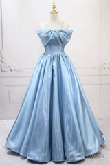 Blue Satin Long A-Line Prom Dress, Blue Spaghetti Strap Evening Party Dress