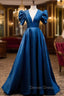 Blue Satin Long A-Line Prom Dresses, Elegant Short Sleeve Party Dresses