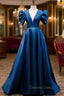 Blue Satin Long A Line Prom Dress, Elegant Short Sleeve Prom Dresses
