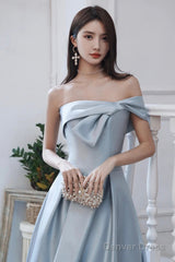 Blue Satin Long A-Line Prom Dress, Off The Shoulder Evening Dress With Slit