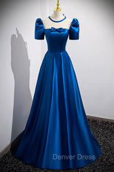 Blue Satin Long A-Line Prom Dresses, Simple Blue Short Sleeve Evening Dresses