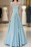 Blue Satin Long A Line Prom Dress, Spaghetti Straps Prom Dresses