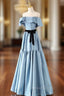 Blue Satin Long Prom Dress, Simple A Line Strapless Prom Dresses