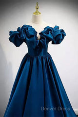 Blue Satin Long Off Shoulder A-Line Prom Dresses, Blue Sweetheart Evening Dresses