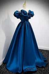 Blue Satin Long Off Shoulder A-Line Prom Dresses, Blue Sweetheart Evening Dresses