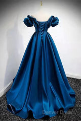 Blue Satin Long Off Shoulder A-Line Prom Dresses, Blue Sweetheart Evening Dresses