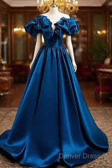 Blue Satin Long Off Shoulder A-Line Prom Dresses, Blue Sweetheart Evening Dresses