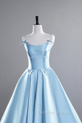 Blue Satin Long Prom Dresses, A-Line Spaghetti Strap Evening Party Dresses