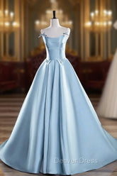 Blue Satin Long Prom Dresses, A-Line Spaghetti Strap Evening Party Dresses