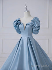 Blue Satin Long Prom Dress, Beautiful A-Line Short Sleeve Evening Party Dress
