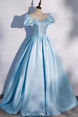 Blue Satin Long Prom Dresses, Blue A-Line Scoop Neckline Short Sleeve Evening Dresses