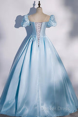 Blue Satin Long Prom Dresses, Blue A-Line Scoop Neckline Short Sleeve Evening Dresses