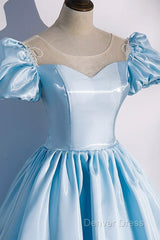 Blue Satin Long Prom Dresses, Blue A-Line Scoop Neckline Short Sleeve Evening Dresses