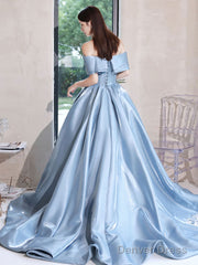 Blue Satin Long Prom Dress, Blue Formal Evening Dresses