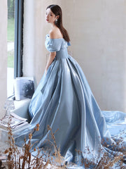 Blue Satin Long Prom Dress, Blue Formal Evening Dresses
