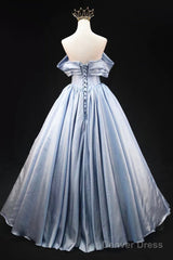 Blue Satin Long Prom Dress, Elegant Off The Shoulder Evening Party Dress