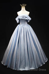 Blue Satin Long Prom Dress, Elegant Off The Shoulder Evening Party Dress