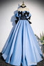 Blue Satin Long Prom Dress, Off the Shoulder Prom Dresses