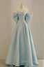 Blue Satin Long Prom Dress with Big Bow, Blue A Line Prom Dresses