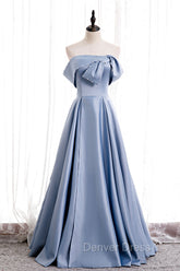 Blue Satin Long Prom Dresses with Pearls, Blue A-Line Strapless Party Dresses