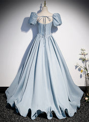 Blue Satin Long Prom Dresses with Pearls, Blue Short Sleeves A-line Evening Dresses