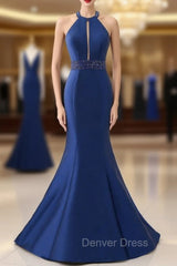 Blue Satin Mermaid Halter Cut Out Backless Long Prom Dresses